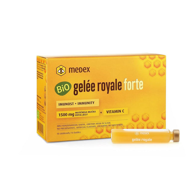 Medex Organic Royal Jelly FORTE, īpaši stiprs ar 1500 mg peru pieniņa, šķidrums ampulās, viegli atverams, ar dabīgu C vitamīnu, no bioloģiskās lauksaimniecības, 10 x 9 ml