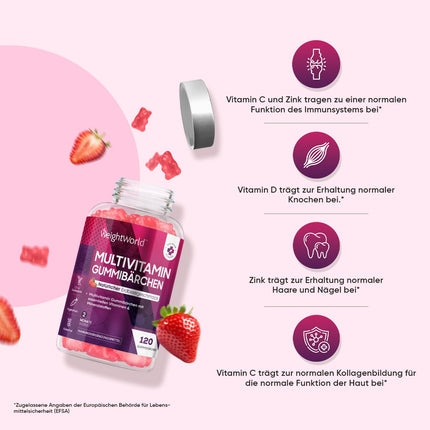 Multivitamīnu želejkonfektes - 120 želejkonfektes ar 13 sastāvdaļām - Ar jodu, C, A, D3, E, B9, B5 vitamīniem, biotīnu, cinku - Zemeņu garša - 2 mēnešu krājums - Alternatīva kapsulām - WeightWorld