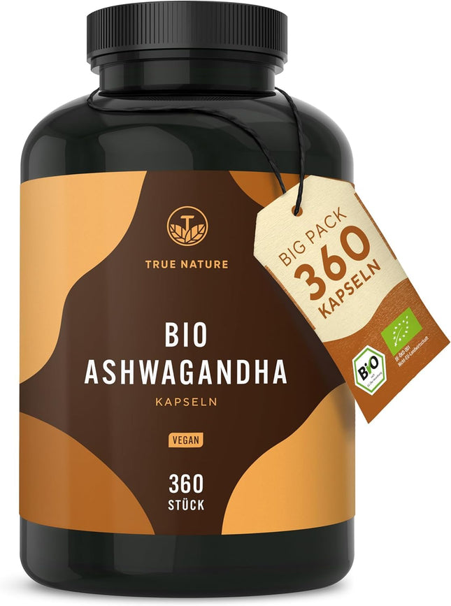 Bioloģiskā ašvaganda - 360 kapsulas (LIELAIS IEPAKOJUMS) - Augsta deva 2600 mg dienā (90 dienas) - 650 mg vienā kapsulā - Indijas bioloģiskā ašvaganda - Vegāns, laboratorijā pārbaudīts, ražots Vācijā - ĪSTENA DABA