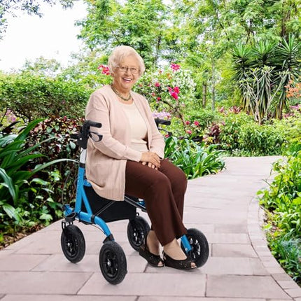FANTASK 2-in-1 rollators ar pneimatiskajām riepām un sēdekli līdz 160 kg, salokāms un viegls alumīnijs ar somu un spieķa turētāju, staigāšanas palīglīdzeklis ar 6 virzienu augstuma regulēšanu, ratiņkrēsls un ceļojumu rollators (zils)