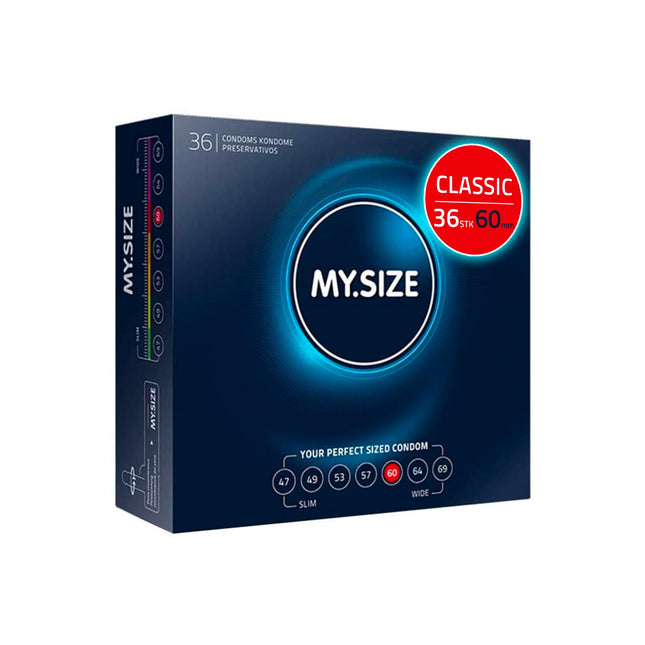 MY.SIZE klasiskie prezervatīvi 5. izmērs I Platums 60 mm I 36 gabali, liels iepakojums I Premium prezervatīvi, īpaši plāni I Reālistiski, īpaši plāni prezervatīvi I Plāni 0,07 mm sieniņu biezums I Vegāniski prezervatīvi I Prezervatīvi vīriešiem