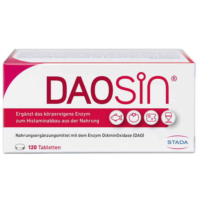 DAOSiN tabletes organisma DAO enzīma papildināšanai histamīna sadalīšanai no pārtikas, klīniski pārbaudītas, vairāk nekā 90% ieteicamā deva - 120 tabletes