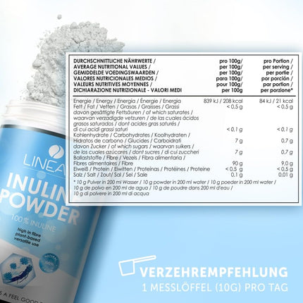 LINEAVI inulīna pulveris, 500 g Inulīna pulveris, zema kaloriju šķiedrviela no cigoriņu saknes (cigoriņi), zarnu flora, piemērots dzērieniem, ēdiena gatavošanai un cepšanai, ražots Vācijā