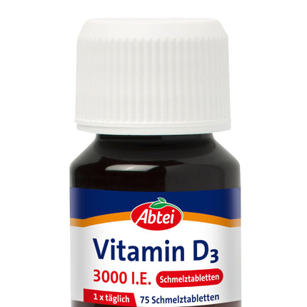 Abtei D3 vitamīns 3000 SV - atbalsta imūnsistēmu un kaulus - bez glutēna, bez laktozes un veģetārs - 75 kūstošas ​​tabletes ar citrona garšu