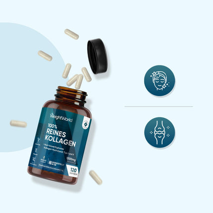 Kolagēna kapsulas - 1200 mg tīra jūras kolagēna I un III tipa - hidrolizēti zivju kolagēna peptīdi - 120 kapsulas 2 mēnešu krājumam - alternatīva pulverim - WeightWorld