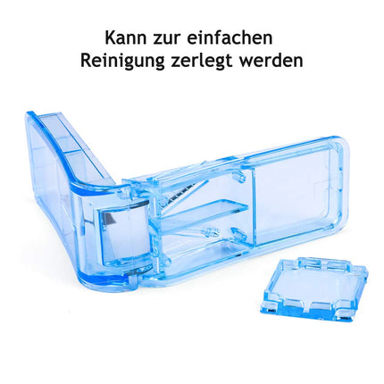 Opret tablešu sadalītājs lielām un mazām tabletēm, vitamīnu un zāļu tabletēm, sadalīts divās ceturtdaļās, zils
