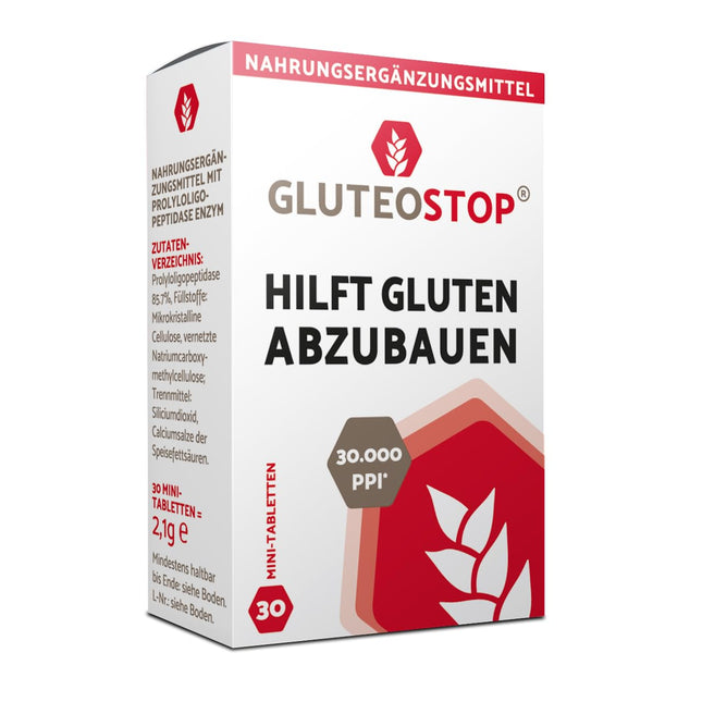 GluteoStop - palīdz noārdīt glutēnu - glutēna nepanesība - diēta ar zemu glutēna saturu - enzīms (30 mini tabletes)