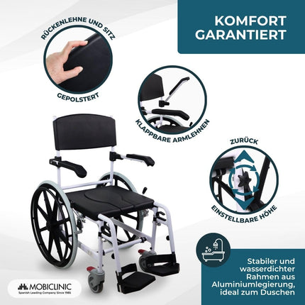 Mobiclinic®, tualetes ratiņkrēsls, regulējams augstums, pašgājējs, Calígula, saliekams kāju balsts un roku balsti, ar noņemamu bļodu, riteņu bremze, alumīnijs