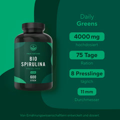 Organiskās spirulīnas tabletes – 600 tabletes (500 mg) – 4000 mg augsta deva – Organiskas aļģes no sertificētas bioloģiskās lauksaimniecības – Vegāns – TRUE NATURE®