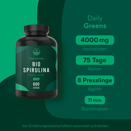 Organiskās spirulīnas tabletes – 600 tabletes (500 mg) – 4000 mg augsta deva – Organiskas aļģes no sertificētas bioloģiskās lauksaimniecības – Vegāns – TRUE NATURE®