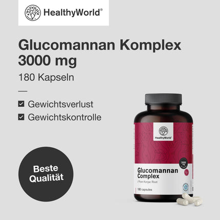 HealthyWorld® glikomanāna komplekss 3000 mg – no konjaka saknes – 180 kapsulas – svara zaudēšanas atbalstam – ar pievienotu holīnu, hromu, D3 un B3 vitamīniem – bez ĢMO – 1 mēneša krājums