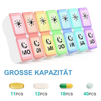 GeekerChip 7 dienu tablešu kastīte ar 2 nodalījumiem, 7 dienu tablešu kastīte, rīta un vakara 14 nodalījumi, tablešu kastīte, medikamentu dozators (vācu versija)