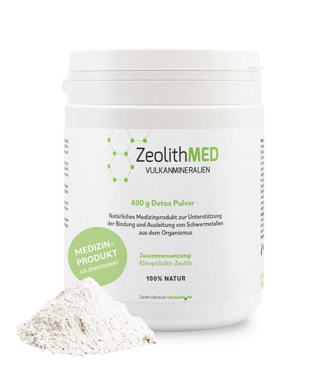 Zeolite MED detoksikācijas pulveris 400g, medicīnas ierīce, aptiekas kvalitāte, salīdzināšanas uzvarētājs, detoksikācijas procedūra, vulkāniskie minerāli, dziedinošais māls