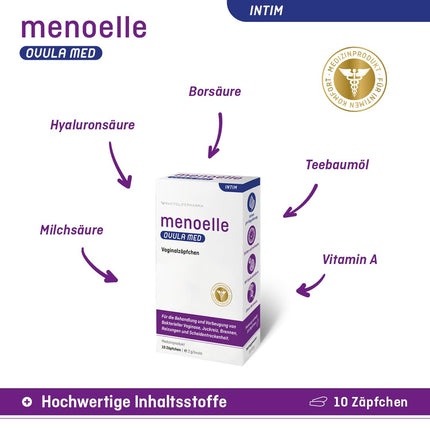 menoelle® OVULA med – vaginālās svecītes. Bakteriālas vaginozes, maksts rauga infekciju un maksts sausuma gadījumā. Ar pienskābi un hialuronskābi. Bez hormoniem un konservantiem. 10 svecītes.