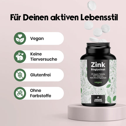 Cinka tabletes ar augstu devu 25 mg - 400 tabletes ar augstu devu ar cinka bisglicinātu - Vegāns un ražots Vācijā - Laboratorijā pārbaudīts