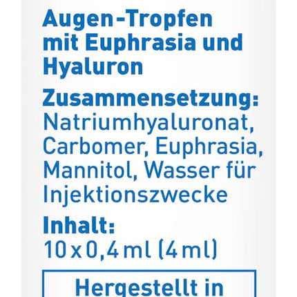 EyeMedica Euphrasia acu pilieni sausām un kairinātām acīm, mitrinoši, nomierinoši un kopjoši, ar hialuronskābi, 10 x 0,4 ml vienreizējas devas