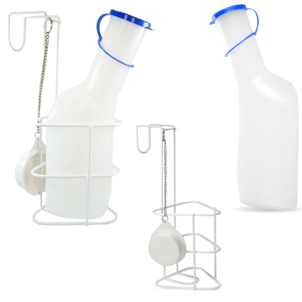 Urīna pudeļu komplekts ar gultas turētāju (urīna pudeles 1000 ml + gultas turētājs ar vāku), izturīga caurspīdīga PP urīna pudele ar vāciņu, viegli nolasāmas mērīšanas līnijas, pārnēsājama ceļojumiem