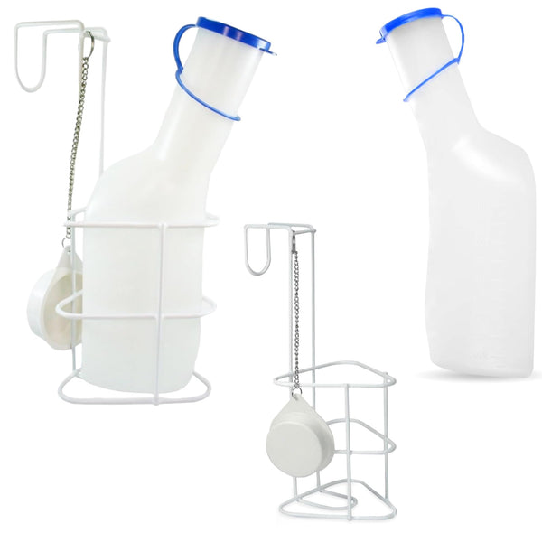 Urīna pudeļu komplekts ar gultas turētāju (urīna pudeles 1000 ml + gultas turētājs ar vāku), izturīga caurspīdīga PP urīna pudele ar vāciņu, viegli nolasāmas mērīšanas līnijas, pārnēsājama ceļojumiem