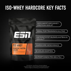 ESN IsoWhey Hardcore proteīna pulveris, vaniļas (klasiskais), 1 kg, līdz 26 g proteīna vienā porcijā, ražots Vācijā