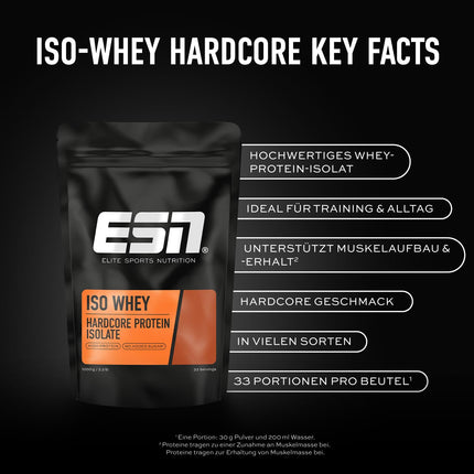 ESN IsoWhey Hardcore proteīna pulveris, vaniļas (klasiskais), 1 kg, līdz 26 g proteīna vienā porcijā, ražots Vācijā