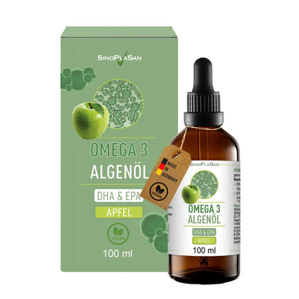 Augstākās kvalitātes Omega 3 aļģu eļļa | augsta deva | Dabīgs DHA un EPA sirdij, smadzenēm un redzei | vegāns | 100 ml | 40 dienu krājumi | (Ābols)