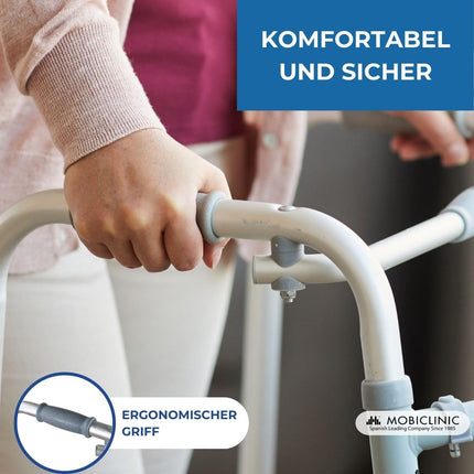 Mobiclinic®, staigāšanas palīglīdzeklis, staigāšanas rāmis, šaurs, stabils, salokāms, 4 gumijas pēdas, izgatavots no alumīnija, viegls, Eiropas zīmols, regulējams augstums, ergonomiski rokturi, tikai 2,5 kg, sudraba, modeļa kolonna