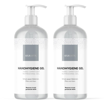 OSAVITA® roku higiēnas gels, dezinfekcijas gels dozatora pudelē, aizsargā un kopj, efektivitāte pārbaudīta saskaņā ar EN 14476 (2 x 500 ml)
