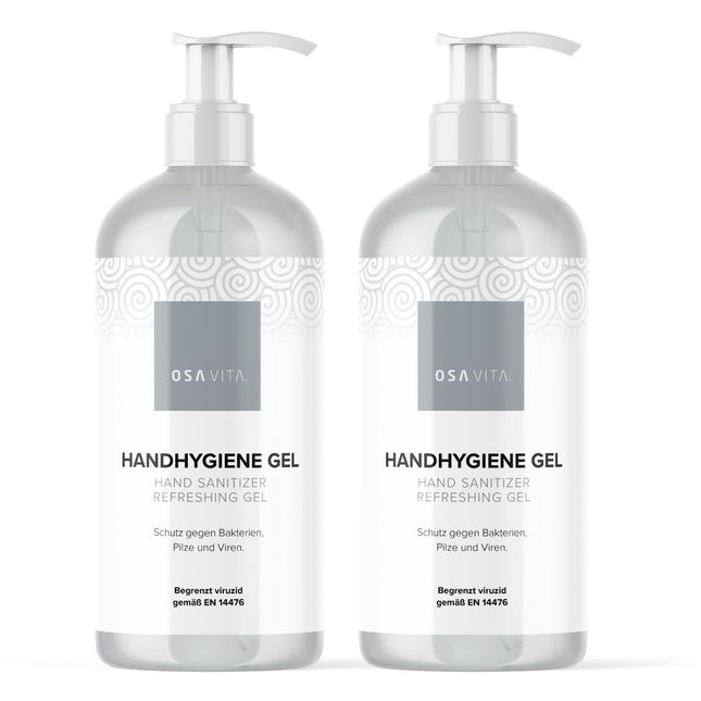 OSAVITA® roku higiēnas gels, dezinfekcijas gels dozatora pudelē, aizsargā un kopj, efektivitāte pārbaudīta saskaņā ar EN 14476 (2 x 500 ml)