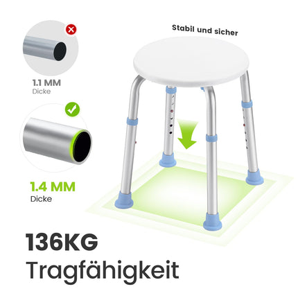 HEAO apaļais dušas krēsls iekštelpu dušām, vannas istabas krēsls ar regulējamu augstumu, kravnesība 136 kg, ar neslīdošiem gumijas uzgaļiem, dušas krēsls senioriem un cilvēkiem ar invaliditāti