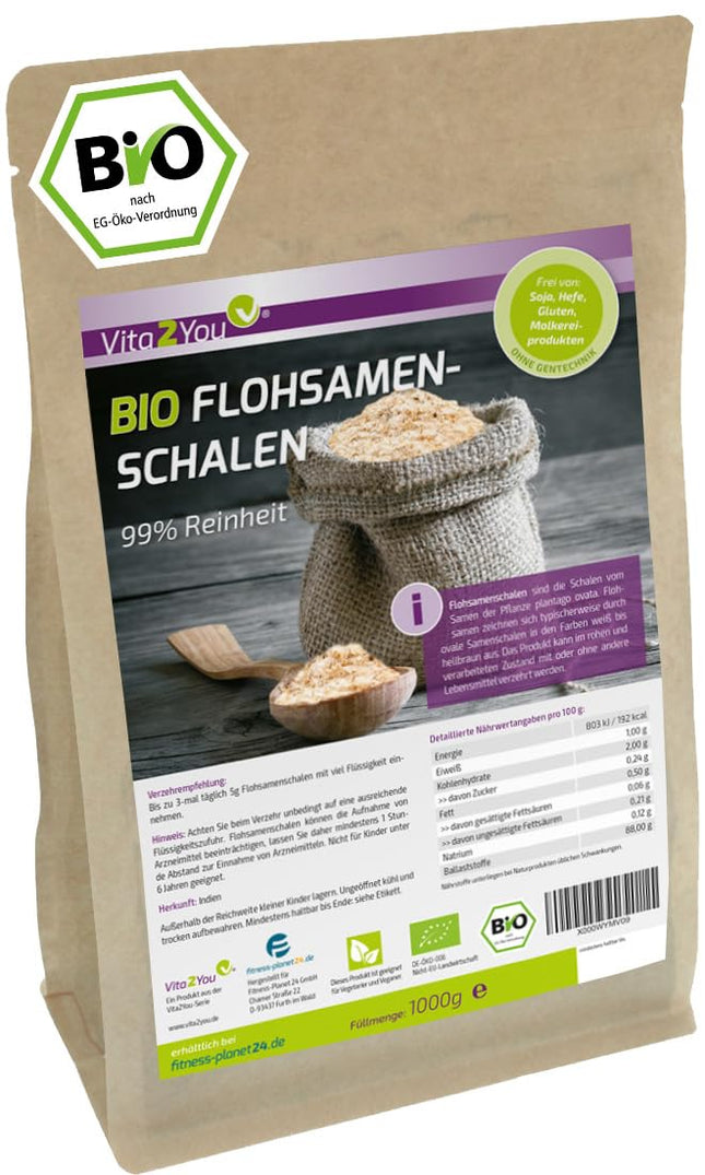 Vita2You psyllium sēnalas, bioloģiskas, 99% tīrības pakāpe, 1000 g - laboratorijas tests - 100% bioloģiska audzēšana - 1 kg Indijas psyllium sēnalu - augstākā kvalitāte
