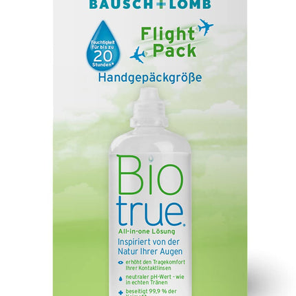 Bausch + Lomb Biotrue universālais kontaktlēcu tīrīšanas un uzglabāšanas šķīdums mīkstajām kontaktlēcām, ceļojumu komplekts, lidojuma iepakojums, 100 ml