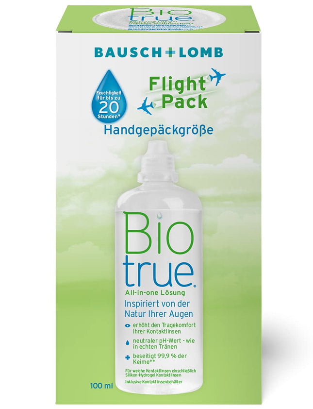 Bausch + Lomb Biotrue universālais kontaktlēcu tīrīšanas un uzglabāšanas šķīdums mīkstajām kontaktlēcām, ceļojumu komplekts, lidojuma iepakojums, 100 ml