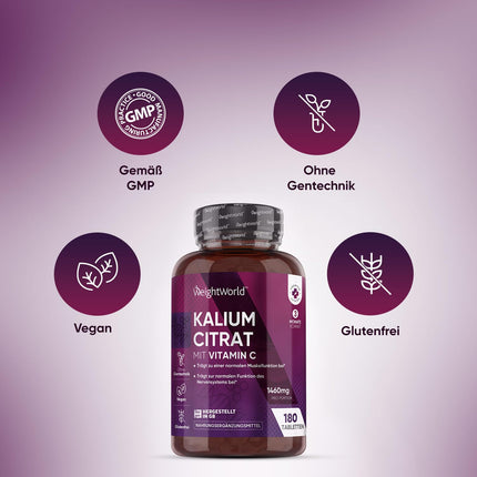 Kālija tabletes - 1460 mg vienā porcijā - 180 tabletes un vegānas - muskuļu veidošanai un nervu sistēmai (EFSA) - 3 mēnešu krājumi - kālija hlorīda alternatīva - WeightWorld