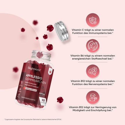 Ābolu sidra etiķa želejkonfektes 1000 mg - C vitamīns, B12, B6, B9 (folijskābe) un bietes - 90 vegānas želejkonfektes ar ābolu garšu - WeightWorld ābolu sidra etiķis