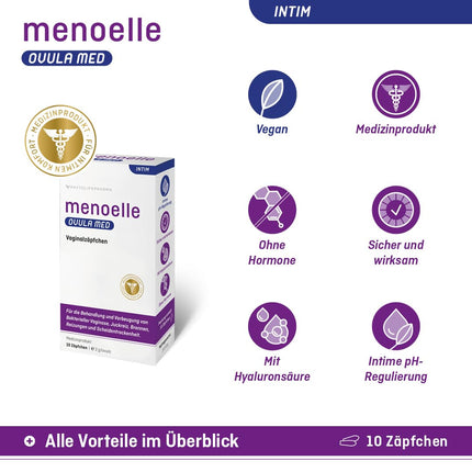 menoelle® OVULA med – vaginālās svecītes. Bakteriālas vaginozes, maksts rauga infekciju un maksts sausuma gadījumā. Ar pienskābi un hialuronskābi. Bez hormoniem un konservantiem. 10 svecītes.