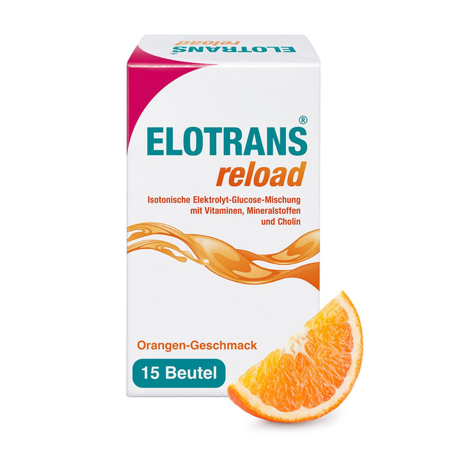 ELOTRANS reload - izotonisks elektrolītu-glikozes maisījums - uztura bagātinātājs ar magniju, kālija hlorīdu, holīnu un B vitamīniem - 1 x 15 paciņas