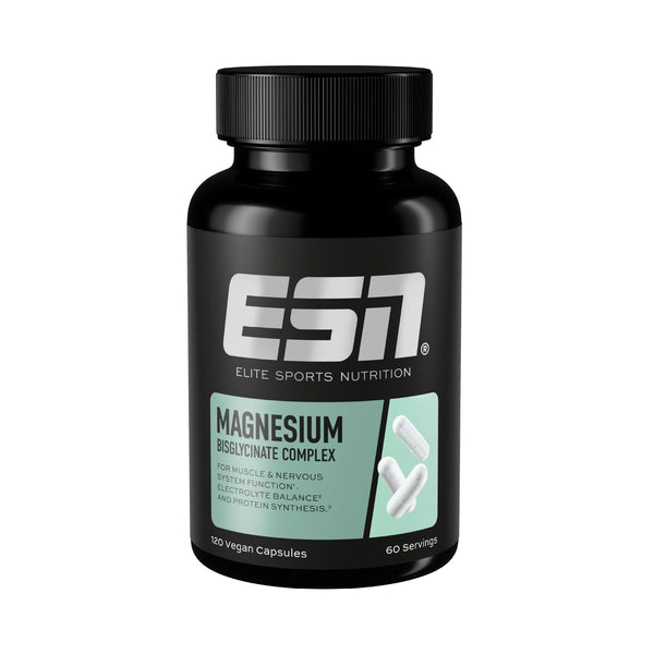 ESN magnija kapsulas, 120 kapsulas, 300 mg magnija dienā - magnija bisglicināta kapsulas, enerģijas atbalsts, augsta biopieejamība - ražots Vācijā