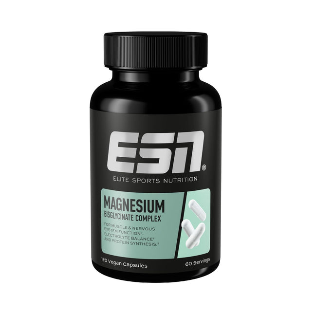 ESN magnija kapsulas, 120 kapsulas, 300 mg magnija dienā - magnija bisglicināta kapsulas, enerģijas atbalsts, augsta biopieejamība - ražots Vācijā