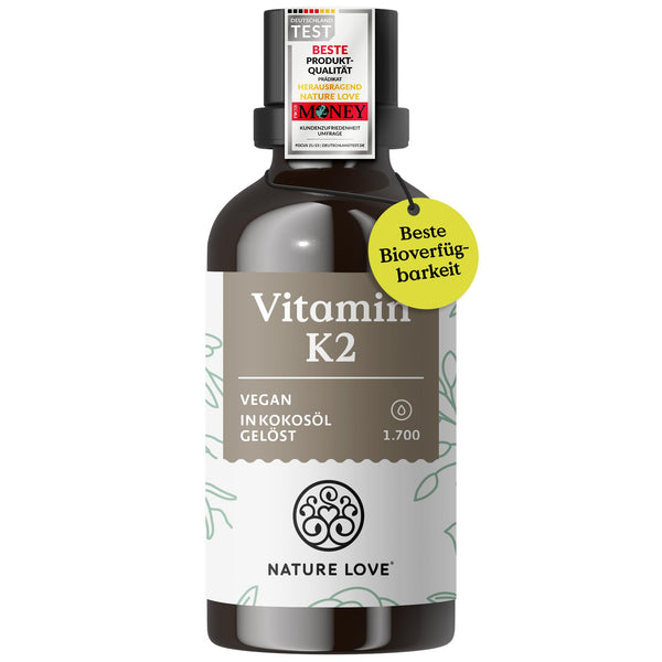 NATURE LOVE® K2 vitamīns MK7-200µg - 1700 pilieni (50ml) - Augstākais transtaukskābju saturs 99,7+% - Augsta kvalitāte: K2VITAL® no Kappa - izšķīdināts MCT kokosriekstu eļļā - Augsta deva, vegāns un ražots Vācijā