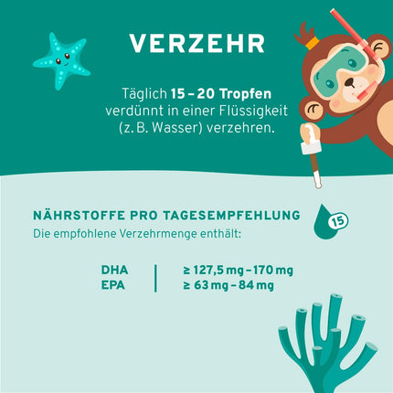 InnoNature Omega 3 pilieni bērniem | dabiski no mikroaļģēm Schizochytrium | 30 ml, DHA 127–170 mg, EPA 63–84 mg | Ieteicams bērniem no 4 gadu vecuma