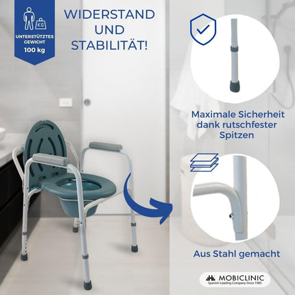 Mobiclinic®, Tualešu krēsls, Ar vāku, Noņemams spainis, Regulējams 5 augstumos, Modelis Arroyo, Neslīdoši kāju uzlikas, Roku balsti, Atbalsta līdz 100 kg, Krēsla tualete, Tērauds