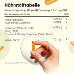 Kurkumas ekstrakta kapsulas - 500 mg kurkumas ekstrakta - 180 kapsulas 6 mēnešiem - kurkumīns ar 20 mg ingvera un 600 mg melnajiem pipariem - 1 kapsula dienā - kurkumīns - WeightWorld