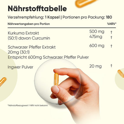Kurkumas ekstrakta kapsulas - 500 mg kurkumas ekstrakta - 180 kapsulas 6 mēnešiem - kurkumīns ar 20 mg ingvera un 600 mg melnajiem pipariem - 1 kapsula dienā - kurkumīns - WeightWorld