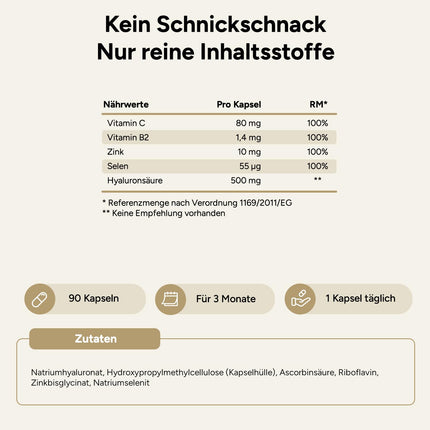 Hialuronskābes kapsulas | Augsta deva ar 500 mg hialuronskābes katrā vegāniskajā kapsulā | Molekulmasa 500–700 kDa | 90 kapsulas (3 mēneši) | Atbalsts ādai, locītavām un novecošanās novēršanai