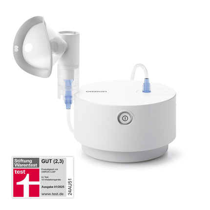 OMRON X105 uzlabots universāls inhalators bērniem un pieaugušajiem, “Good” Stiftung Warentest 12/24, jaudīgs inhalators akūtu un hronisku elpceļu slimību ārstēšanai; augstas kvalitātes aksesuāri