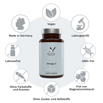 Vegāns Omega 3 augstas devas - 1500 mg dienā ar 450 DHA un 225 EPA no aļģu eļļas - 90 kapsulas 1 mēnesis - Omega 3 aļģu eļļas kapsulas ar firmas izejvielu life'sOMEGA® - bez zivīm - sabalansēta vitalitāte