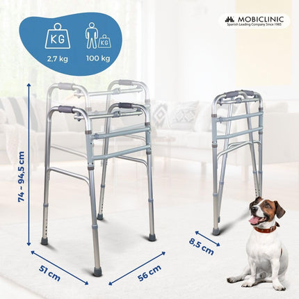 Mobiclinic®, Iešanas palīglīdzeklis, Mezquita, Eiropas zīmols, Iešanas rāmis, Salokāms, Viegls, Regulējams augstums, Senioriem, Izgatavots no alumīnija, Neslīdošs, Ergonomiski rokturi, Līdz 100 kg, Sudraba krāsā