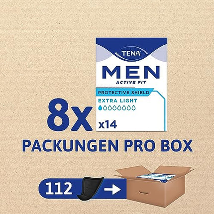 TENA MEN Protective Shield Extra Light - 112 ieliktņi mēneša iepakojumā (8 x 14), individuāli iesaiņoti - īpaši plāni higiēniskie ieliktņi vīriešiem ar ļoti nelielu urīna izdalīšanos - melni