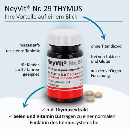 NeyVit Nr. 29 aizkrūtes dziedzeris ar aizkrūtes dziedzera ekstraktu, D vitamīnu un selēnu imūnsistēmas atbalstam, aizsargspēju stiprināšanai un aizkrūtes dziedzera darbības atbalstam - bez glutēna un laktozes - 60 tabletes