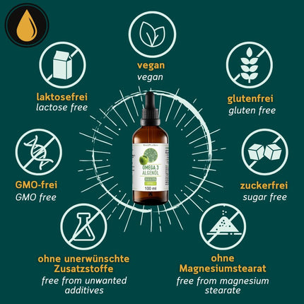 Augstākās kvalitātes Omega 3 aļģu eļļa | augsta deva | Dabīgs DHA un EPA sirdij, smadzenēm un redzei | vegāns | 100 ml | 40 dienu krājumi | (Ābols)